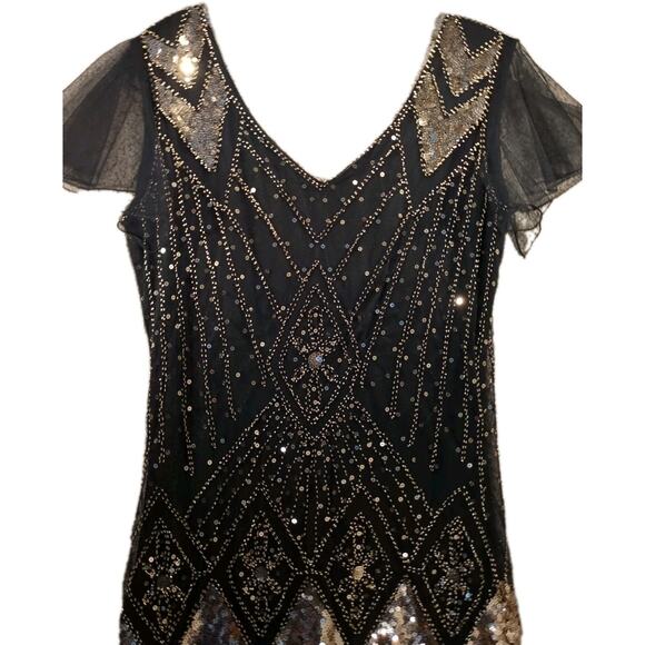 Black Deco Mermaid Gown XL Gold Sequin Flapper Flutter Sleeve NYE Evening Dress - Picture 2 of 8